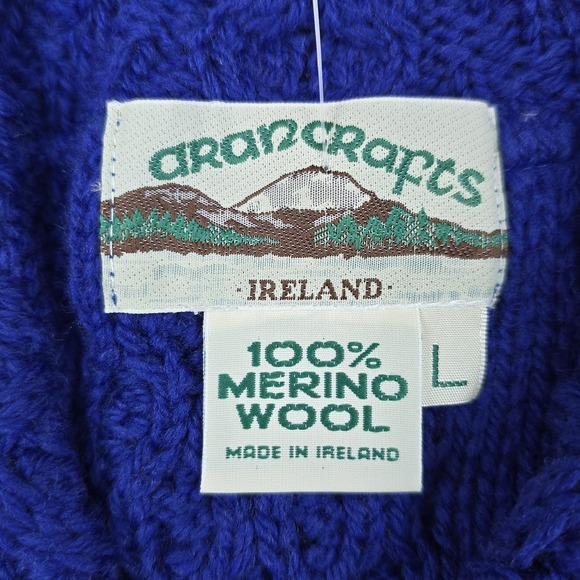 Aran Crafts Merino Wool Cable Knit Cardigan Womens L Long Blue Ireland NWT - Picture 3 of 8